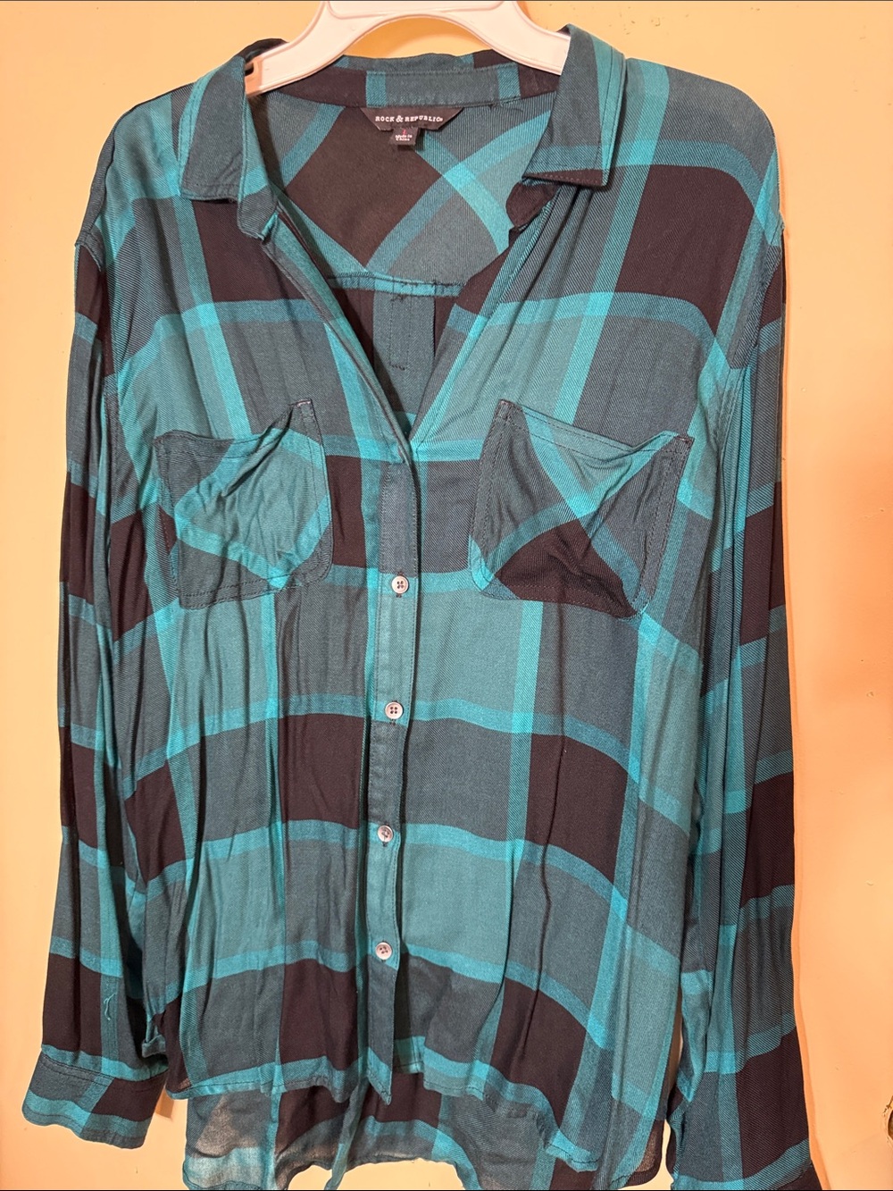 Rock & Republic Teal and Black Plaid Button-Down Shirt